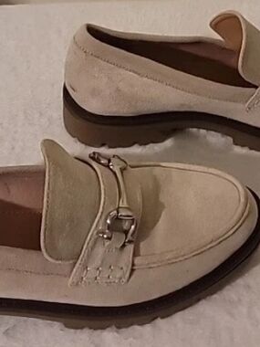 Journee Collection Cream Suede Loafers with Buckle Detail Women's Size 7.5